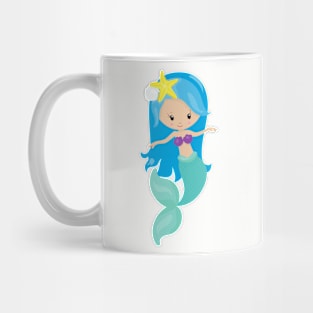 Cute Mermaid, Little Mermaid, Blue Hair, Starfish Mug